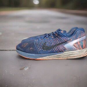 Nike Lunarglide 7 Flyknit Running Trainers Mens Size 8 Blue Lagoon Hyper Orange